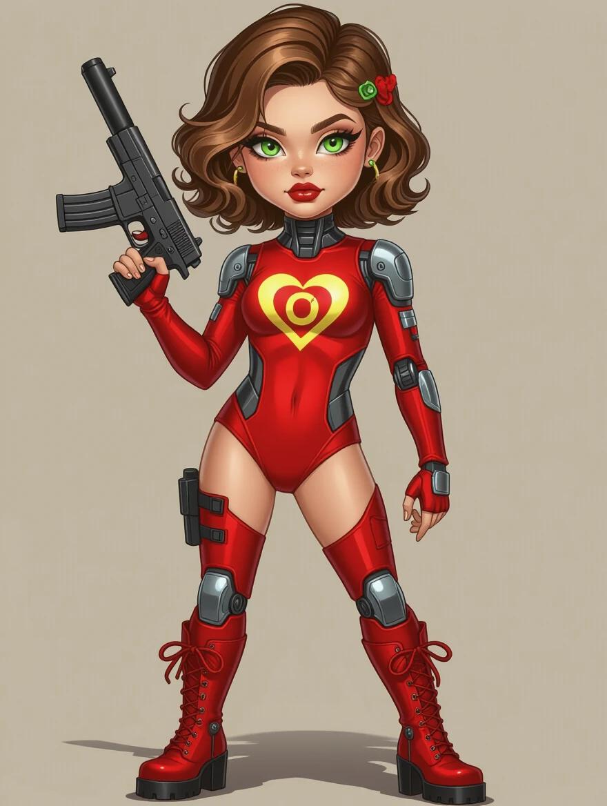 Full-length portrait of a young girl wearing a red bodysuit with biomechanical parts. She holds a Glock with a silencer and displays a confident expression. The bodysuit features a heart logo with an 'O'. Her hair is brown and curly, and she wears high platform boots.