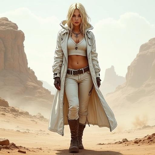 A mystical blonde female character wears a white coat and crop top with brown boots. She stands confidently in a desolate environment. The character is designed in a Borderlands artistic style.