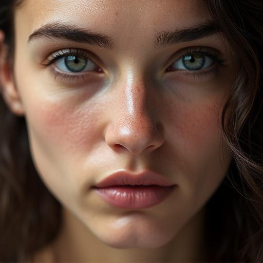 Close-up portrait of a female model with striking features. Model has natural skin and light makeup. Hair is styled with loose strands. She looks towards the camera with a charming smile. Background is a luxurious hotel room in Paris.