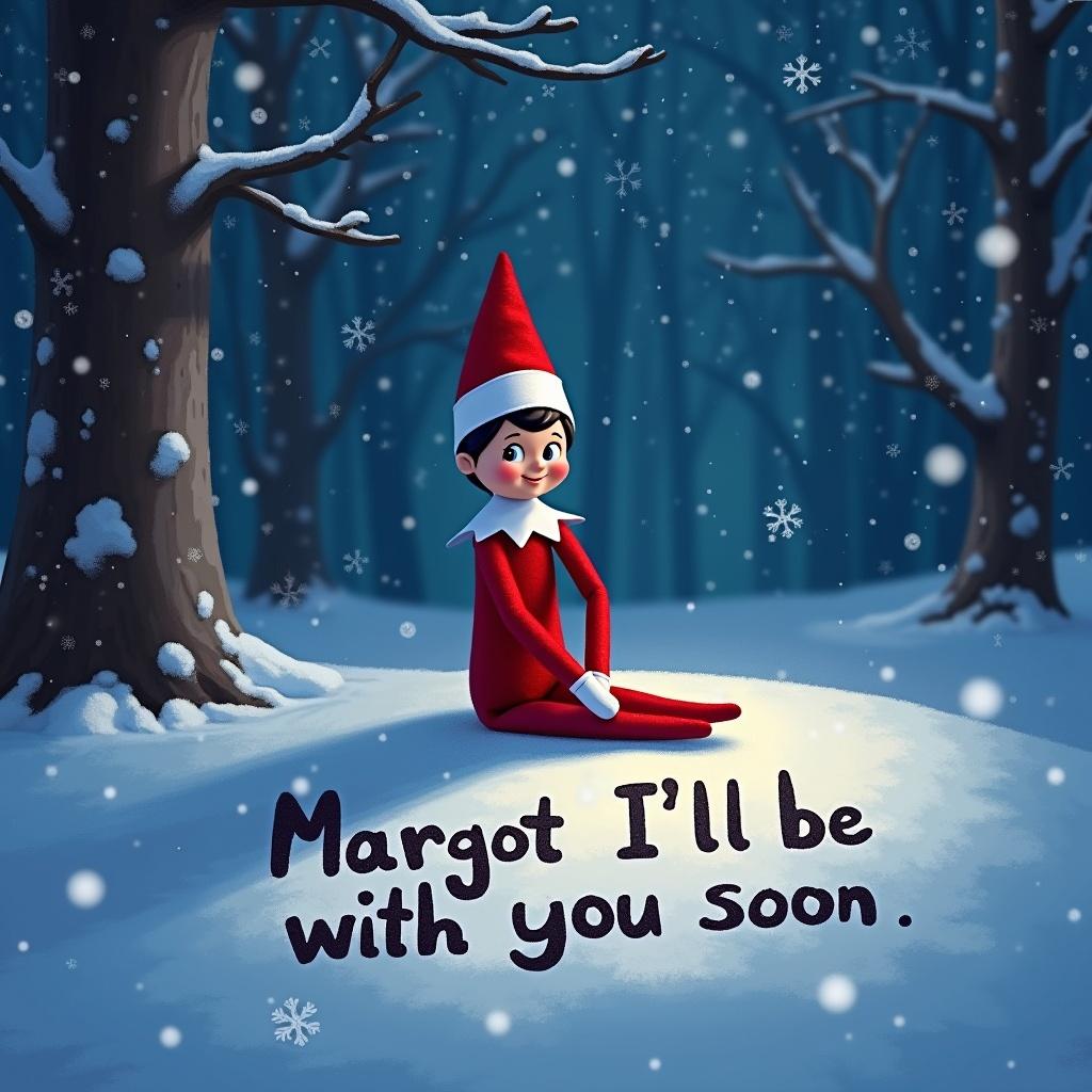 The image features an Elf on the Shelf character, sitting cheerfully in a snowy landscape at night. The elf wears a classic red outfit with a white collar and a pointy hat. Snowflakes gently fall around while the elf eagerly looks ahead. The name 'Margot' is playfully written in the snow, with the phrase 'I'll be with you soon.' A backdrop of snowy trees enhances the wintery feel, evoking a sense of magical anticipation for the holiday season. The overall mood is joyful and serene, perfect for Christmas themes.