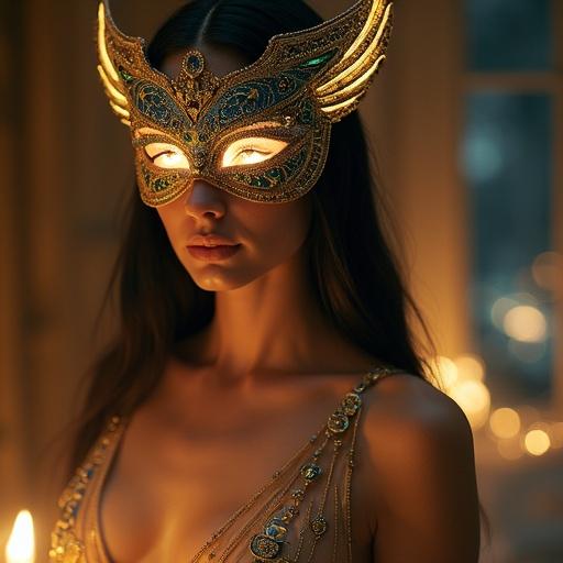 A woman at a masquerade ball inspired by Isis. She wears a golden mask shaped like falcon wings with glowing gems. Her top is silky with golden threads and a magical mini-skirt with Egyptian motifs. Her skin glows softly, and her eyes reflect wisdom. The atmosphere is filled with magical hieroglyphs and candlelight. The setting is a moonlit palace, radiating elegance and mystique.