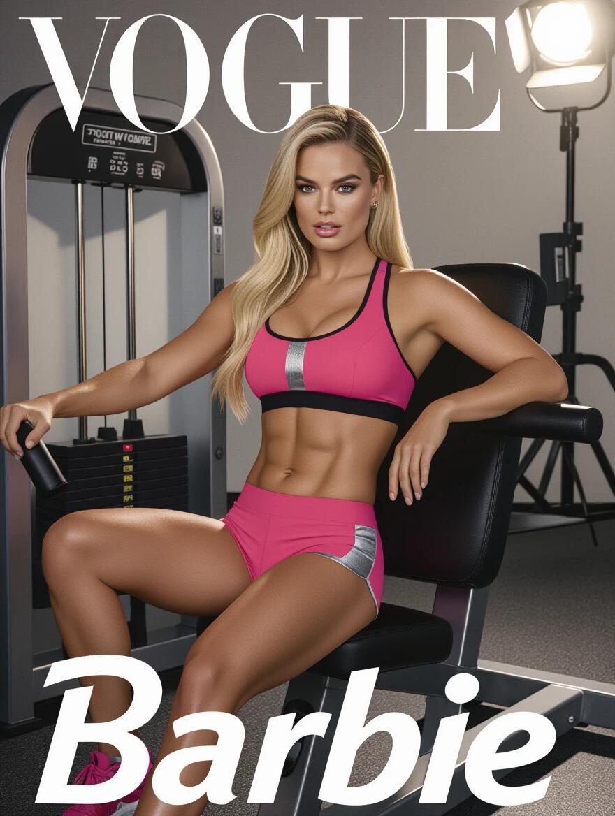 Margot Robbie as Barbie. Athletic muscular body in pink sportswear. Posing on a leg press machine. High-fashion fitness photoshoot. Sleek makeup and styled blonde hair. Dramatic spotlight lighting. Vogue magazine editorial style. Ultra-high resolution.