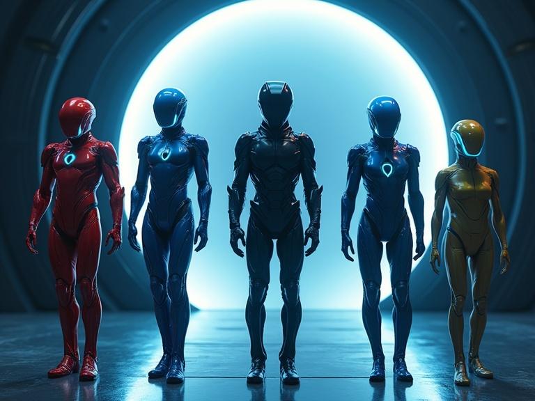 Image of five sleek characters wearing futuristic bio suits. Characters include a buff red male in armor, a skinny blue male, a bulky tall male in black armor, a slim female in light purple armor, and a female in a yellow suit. They stand against a bright, glowing background. Suits have organic designs with glowing features and smooth reflections. Floor appears silver and futuristic. Deep grooves and shapes on the armor enhance the sci-fi aesthetic. Image has a dark cinematic feel with lens flares.