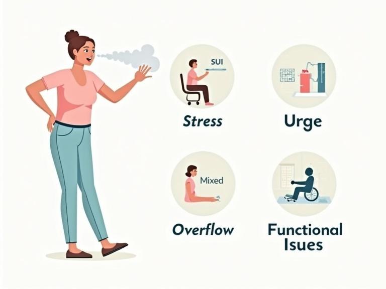 Illustration showing different types of urinary incontinence including stress, urge, mixed, overflow and functional. Includes icons or figures with labels and visual cues like sneezing, rushing to a bathroom, dribbling, and mobility issues. Style is clean and educational with soft colors and clear visuals.