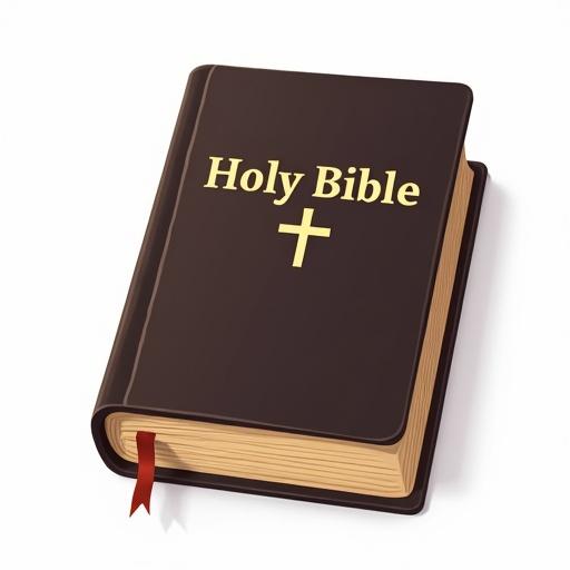 Closed holy bible on a white background. Cover displays title Holy Bible in gold letters. Book has a ribbon bookmark. It features a cross symbol. Cover is black with golden accents. Pages are yellowed.