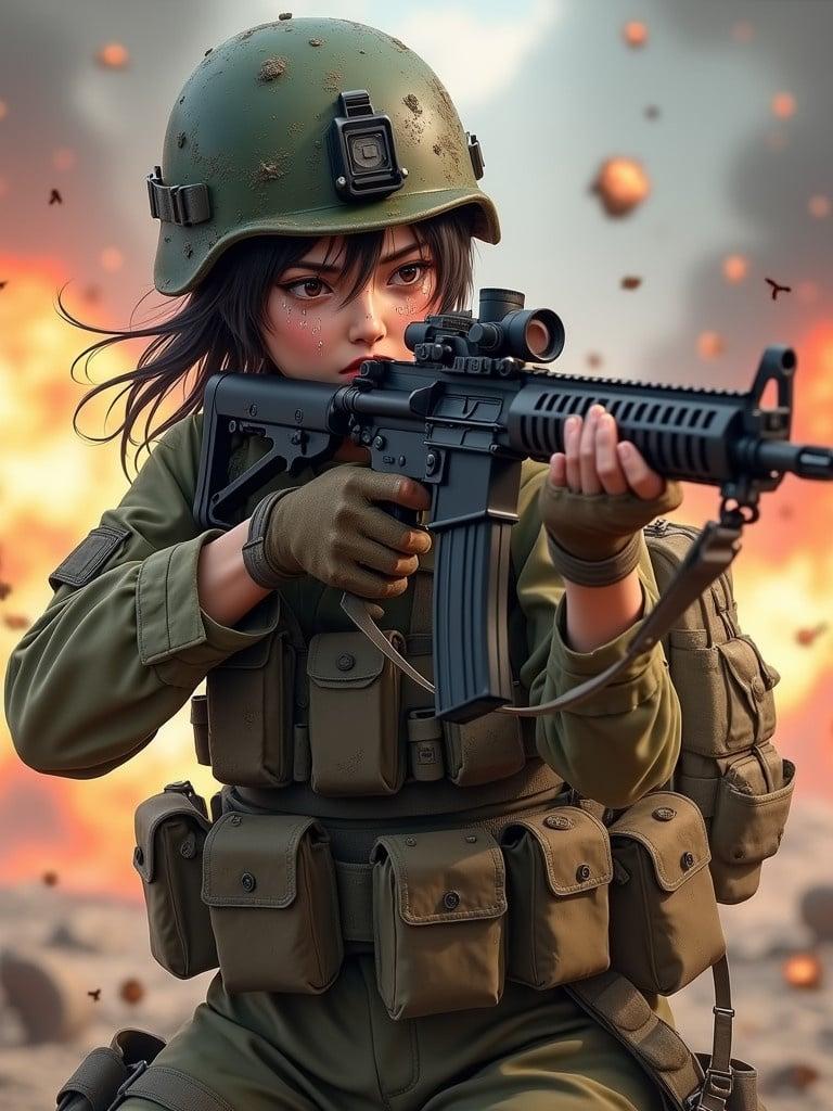 Digital artwork of a female soldier in battle firing a rifle. She wears combat gear. Background depicts explosions and chaos. Her uniform shows signs of wear. The image captures emotions like determination and rage. Lighting enhances the scene's intensity.