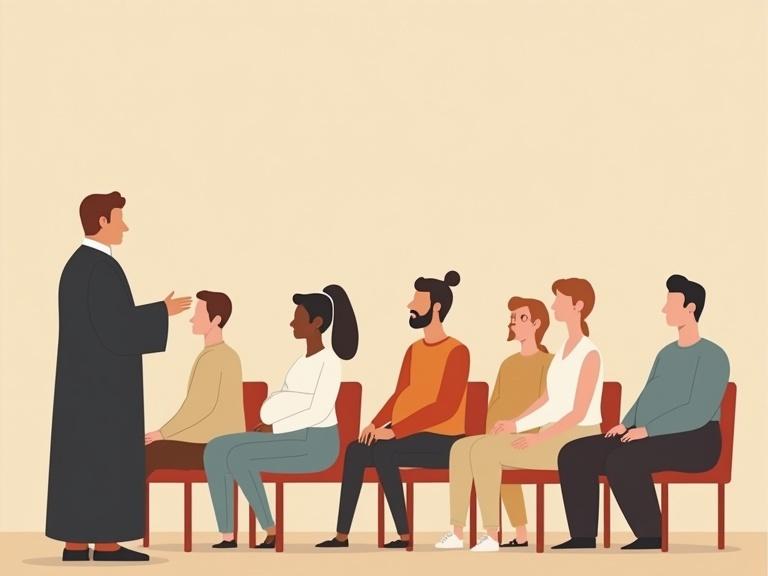 People sitting in a church listening to a priest. Minimalist flat vector of diverse characters with quirky body types. Includes chubby and slim figures with exaggerated shapes. Clean designs and muted color palette. Expressive postures and simple clothing.