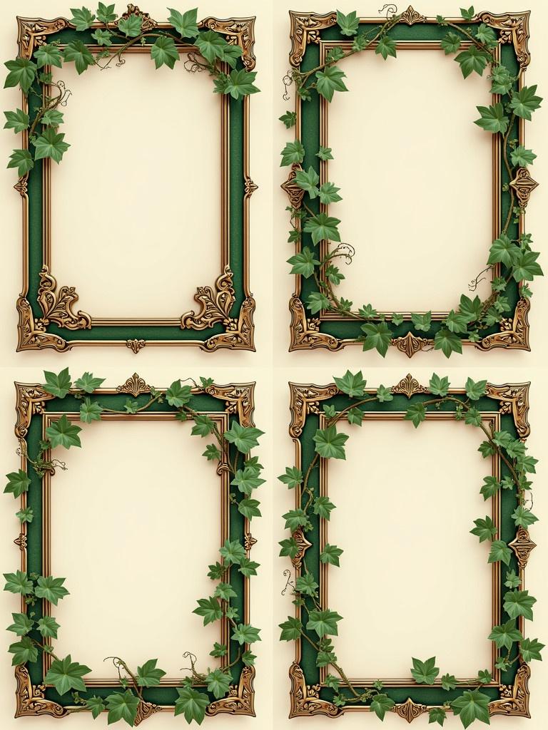 Four decorative frames for a board game card. Vines and leaves embellished on each frame. Each frame increasingly elaborate. Ornate borders highlighted in green and gold.