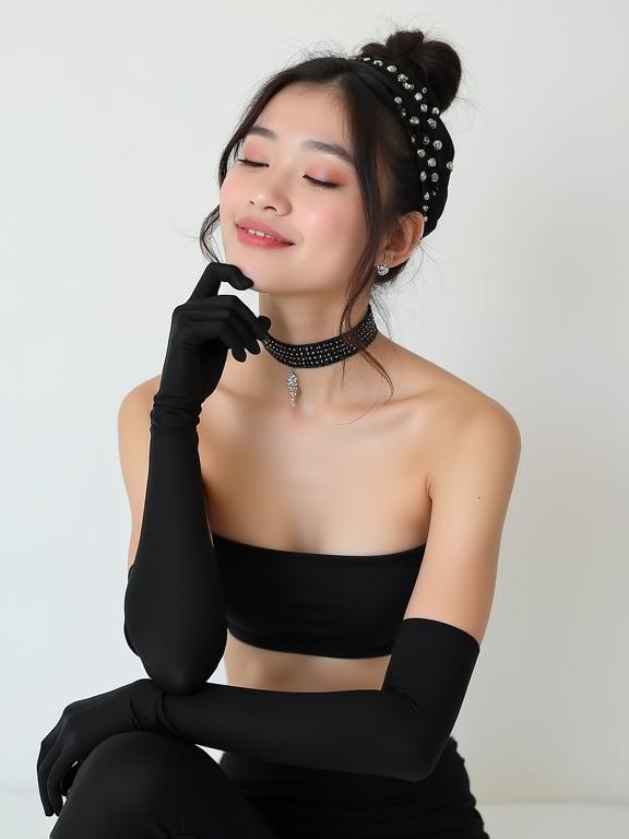 Young woman sits against a plain white backdrop. She has her legs crossed and is leaning back on her left hand. Right hand rests thoughtfully on her chin. Pale skin and dark brown hair pulled back with a studded black headband. Wearing a strapless black top and black panties. Long black opera gloves up to her elbows. Sparkling choker necklace. Makeup is subtle with pink lipstick and light eyeshadow. Small dangling earrings match the choker. Thoughtful expression with serene smile. Soft and even lighting enhances modern minimalist style.