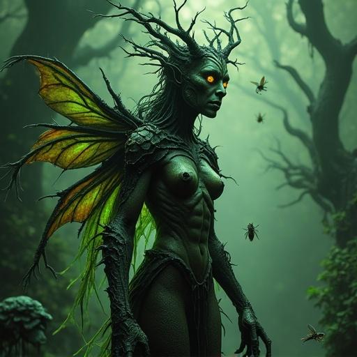 A dark, eerie reinterpretation of Mother Nature portrayed as an ancient being. Humanoid form fused with organic elements, bark-like skin, vine-covered limbs, sharp chitinous armor. Elongated fingers resembling claws, back adorned with tendrils and thorn-covered wings. Regal face, glowing eyes, crowned by antlers entwined with leaves and insect parts. Body features from various animals. Swarms of glowing insects hover around. Corrupted forest background with twisted trees and fungus. High-detail dark fantasy art, atmospheric and haunting.