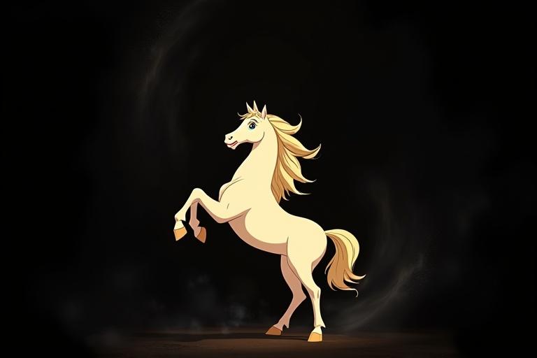 Majestic cream horse rearing up. Dark swirling black background. Disney-style animation. The horse appears lively and animated.