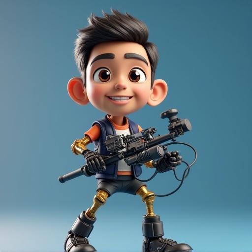 A stylized character with metallic limbs poses confidently. The character holds a weapon and wears casual clothing. The background is a solid light blue. The focus is on vibrant design elements and playful proportions.