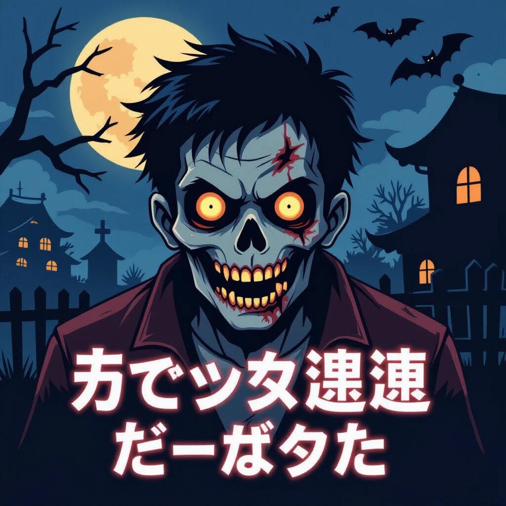 Design for a haunted house icon featuring a zombie. Spooky atmosphere with a dark background. Focus on a scary zombie character with glowing eyes. Include a creepy abandoned setting with a full moon.