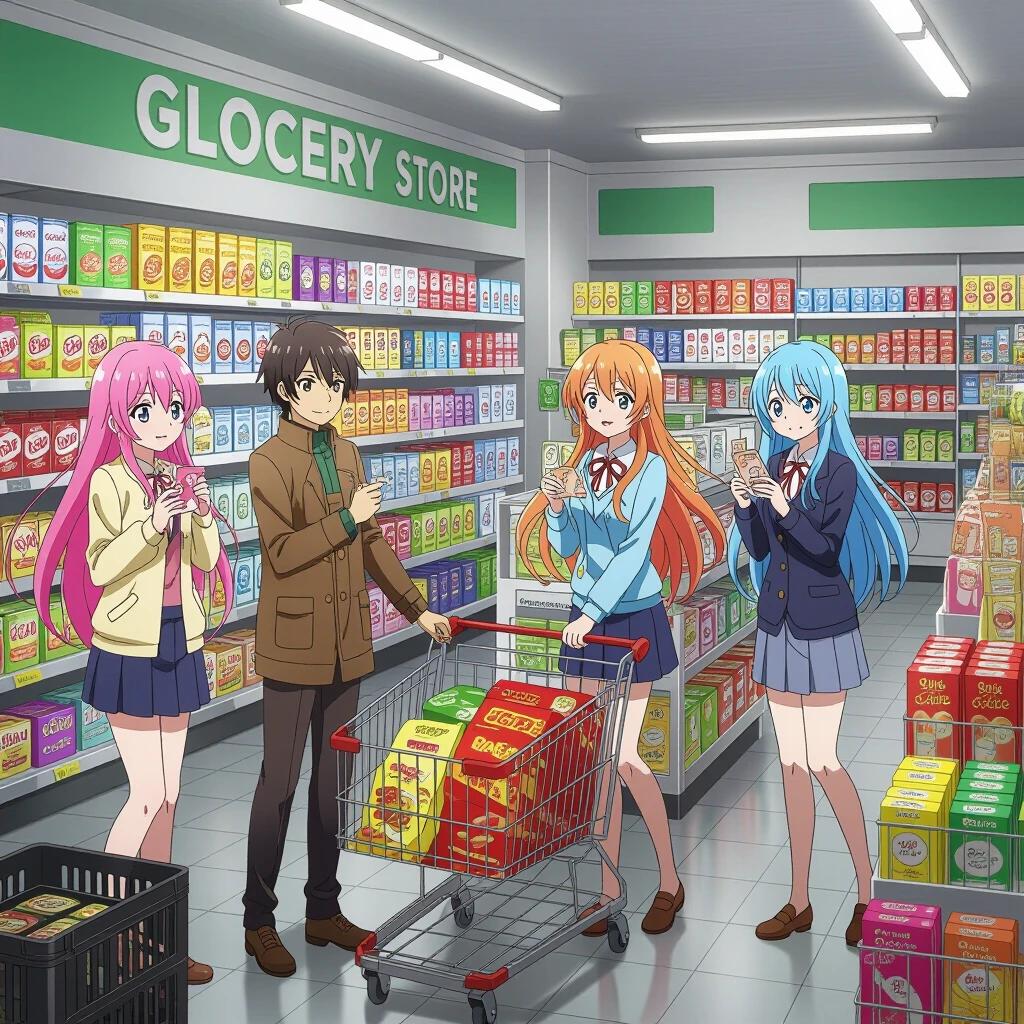 Anime characters shop in a brightly lit grocery store. A female character with pink hair holds a phone. A boy wears a brown coat. Two girls with orange and blue hair hold items. A shopping cart is filled with products. Shelves stocked with colorful food packaging.