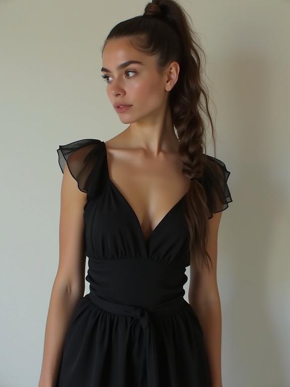 A model poses gracefully in a black summer dress. She has long hair styled in a ponytail and displays a confident expression. The dress features delicate sleeves and a flattering fit. Background is neutral to emphasize the model and outfit.