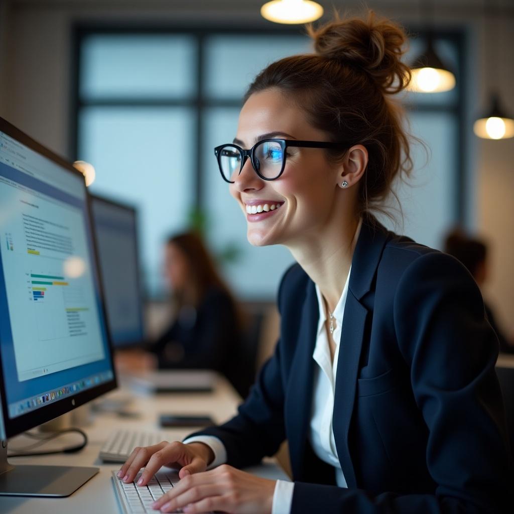 Image of a woman data scientist wearing specs working on several monitors at her office desk. She looks professional and is smiling. The woman is dressed formally and focused on her work.