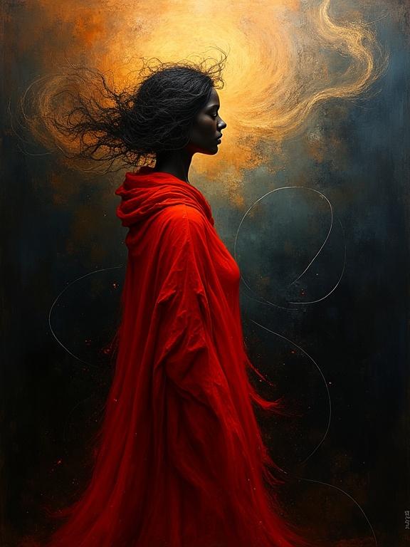 An abstract expressionist artwork features a striking figure in a brilliant red shawl. The backdrop is dark with a glowing light source. White lines outline her shape creating mystery. The artwork exudes motion and life through its colors and textures.