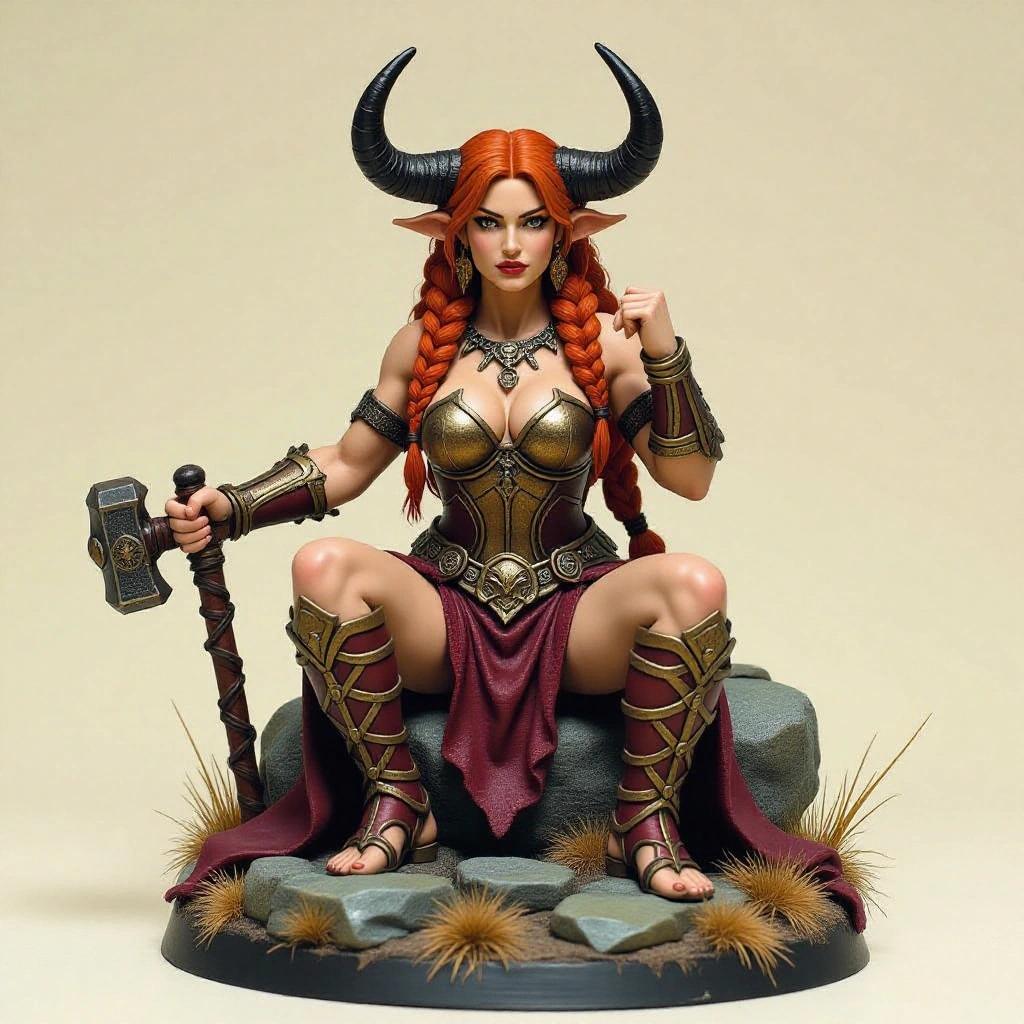 Resin figure of a powerful goddess inspired by Taurus. Seated on a rock. Voluptuous muscular woman with light tanned skin and long red hair in thick braids. Stoic and imposing pose. One elbow on knee, fist under chin. Other hand holds a large warhammer. Wears dark bronze wine-red leather armor with bull horn details. Natural black horns on head. Gaze shows calm and ancient strength. Figure emanates mystical celestial aura.