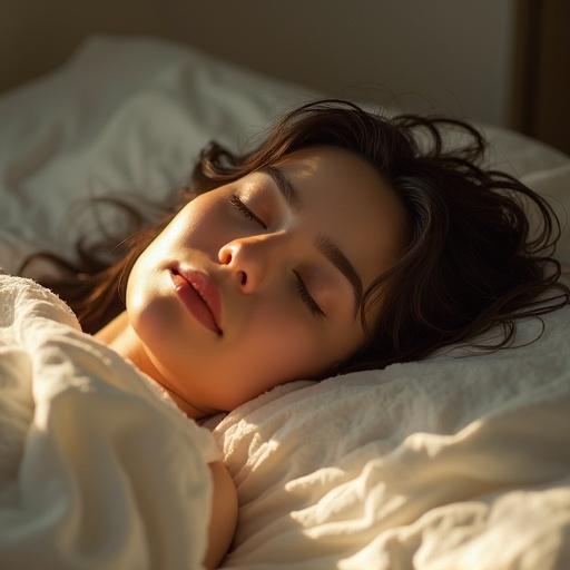 Beautiful woman sleeping on a bed in warm morning light. Soft features highlighted by gentle light. Hair gently tousled on a pillow. Cozy bedding adds comfort. Calm atmosphere evokes tranquility.