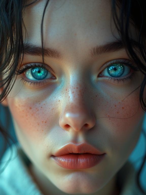 Extreme close-up of a young woman's face focused on her eyes. Features hyper-realistic skin with visible pores and freckles. Lips are slightly parted with a subtle expression. Eyes are the focal point, looking synthetic yet realistic with glowing blue tones and intricate details. Soft theatrical lighting emphasizes skin texture. Face fills the frame with an artistic blend of technology and humanity.