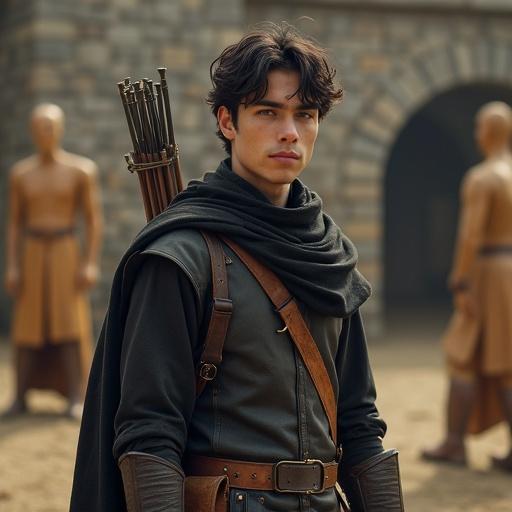 A young man around 18 years old standing in a medieval training ground. Calm expression shows maturity and warrior determination. Medium-length black hair with red undertones. Lean athletic build wearing lightweight scout armor. Dark leather jerkin over linen shirt. Cloak draped over shoulders. Positioned near wooden dummies. Poised posture reflects readiness. Natural lighting creates gentle shadows. Earthy muted color palette enhances atmosphere.