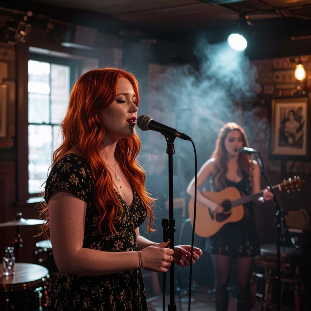 Singing performance in a smoky pub. Red haired female artist on stage. Another musician plays guitar. Dark atmosphere with ambient lighting.