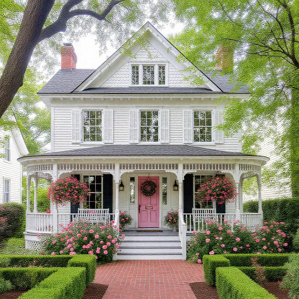 Lovely white Queen Anne house with pink rose bushes. Pretty porch wraps around right side with white swing. Pink door and shutters on windows.