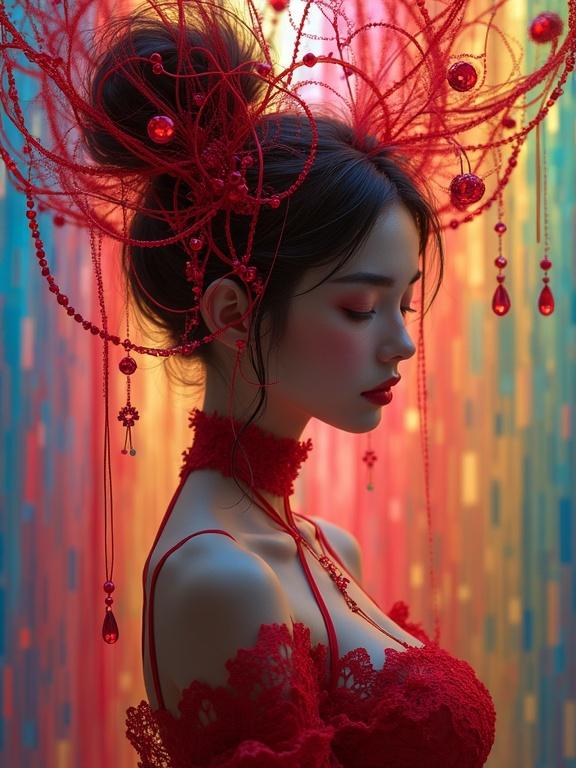 Create a hyperdetailed portrait of a woman with intricate red hair accessories in a vibrant rainbow setting. Incorporate elements of zentangle art and Droste effect for depth.