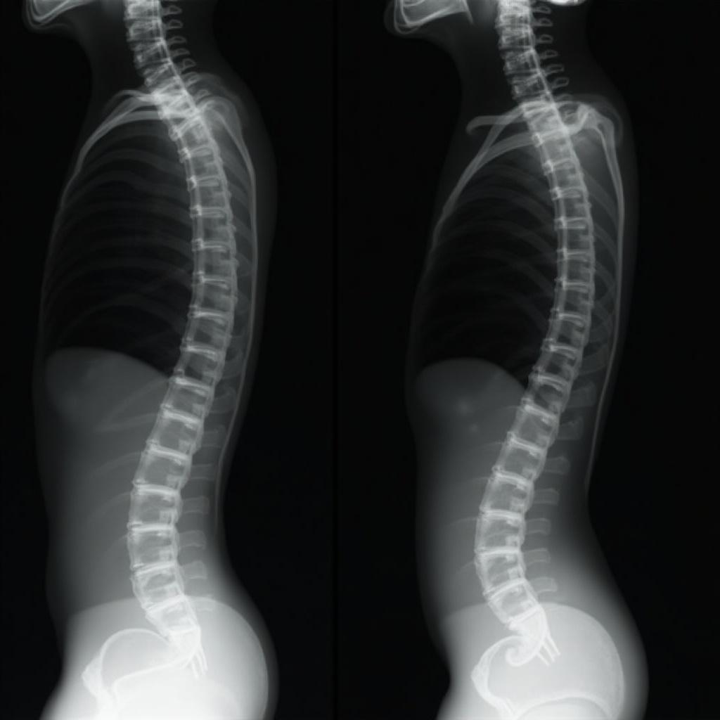 Anteroposterior and lateral lumbar spine X-rays display severe spinal stenosis.