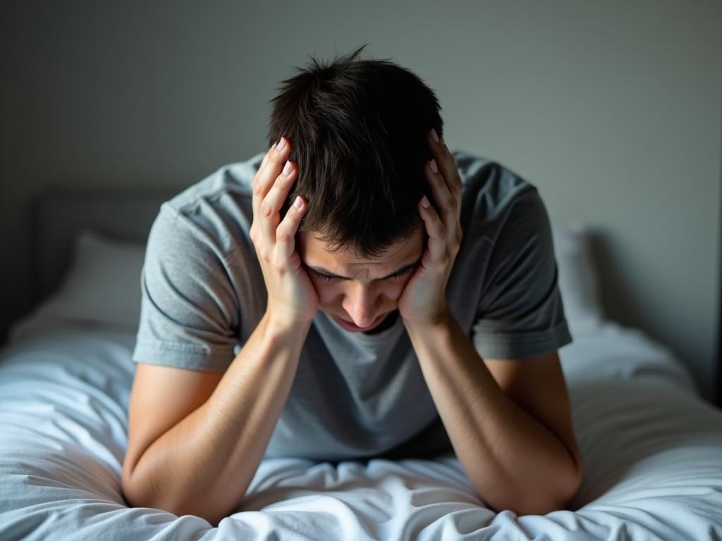 A young person sits on a bed, dressed in a gray T-shirt, with their hands on their head. They appear to be deep in thought or experiencing concern. The bedroom has soft, natural lighting, creating a calm atmosphere. The person's body language suggests stress or anxiety, as they reflect on something troubling. This image captures a moment of vulnerability and introspection.