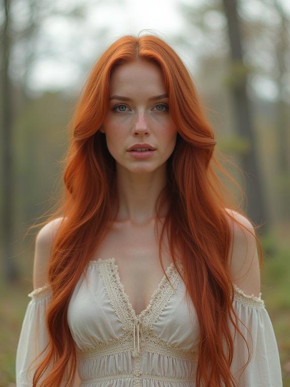 A portrait of a woman with long red hair wearing a soft white dress. She stands in a forest setting, capturing natural beauty and serene elegance. The overall image has a soft focus and low resolution.
