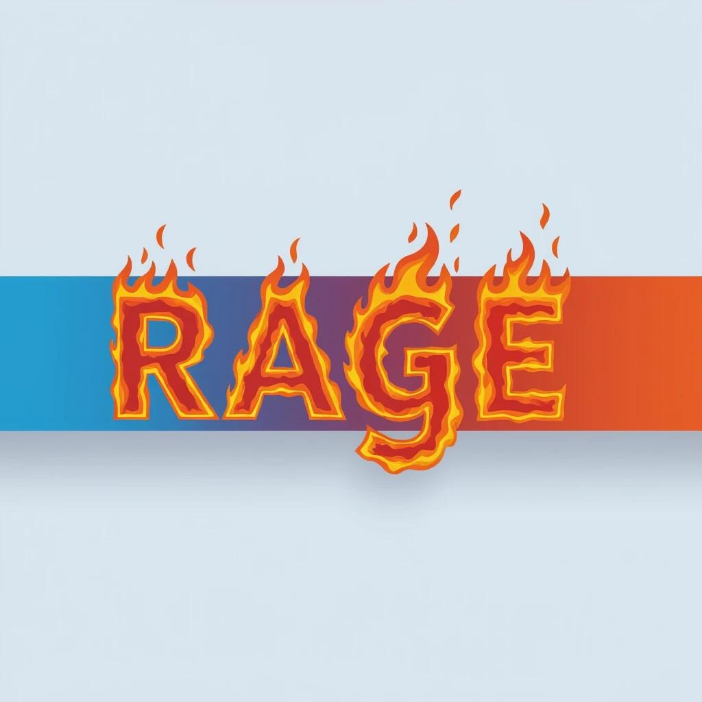 Flat vector 2D image features a blue to red gradient bar. The word 'RAGE' is written in fiery text with vivid flames. Flames appear to burn the letters with heat effects. The background remains plain to emphasize the gradient and text effect.