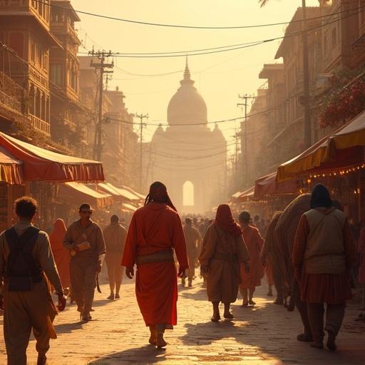 Scene depicts a vibrant Indian market in the time of Lord Ram. Traders walk through the bustling streets. The aroma of spices and food fills the air. Merchants showcase colorful textiles and jewelry. Devotees chant hymns nearby. Golden sunlight shines on temple domes. Elephants and ox carts navigate the market.