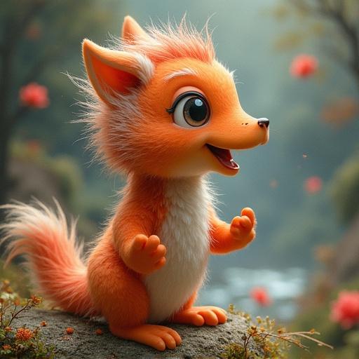 Image depicts a cute fox character with orange fur and large expressive eyes. The fox appears joyful and animated amidst a natural setting with a soft focus background.
