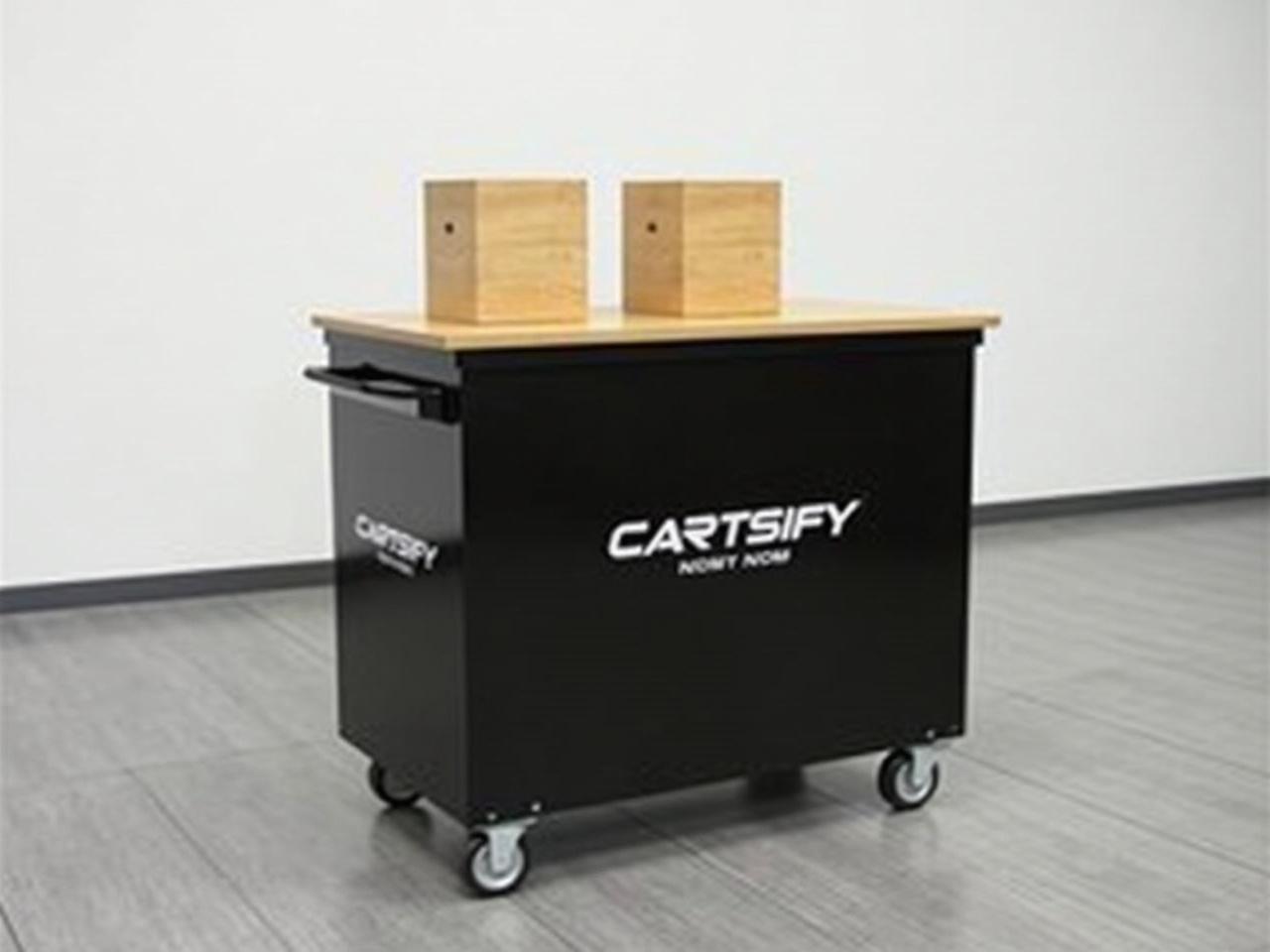 The image shows a display cart with a sleek, modern design. It has a black finish with the brand name 'CARTSSIFY' prominently featured on it. The cart appears to be mobile, as it has wheels visible at the bottom. There are also wooden blocks positioned on top, possibly for securing items or setting up displays. The background is minimalistic with a plain wall and floor, emphasizing the cart's design.