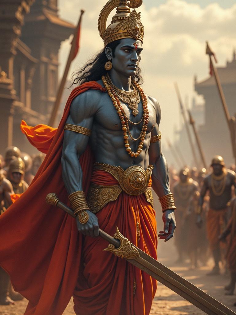 A majestic figure of Lord Ram stands tall. He is garbed in an ornate outfit with deep orange drapery. He has a strong physique. He is holding a sword and adorned with necklaces. Background includes a crowd with spears. The atmosphere is epic and heroic.