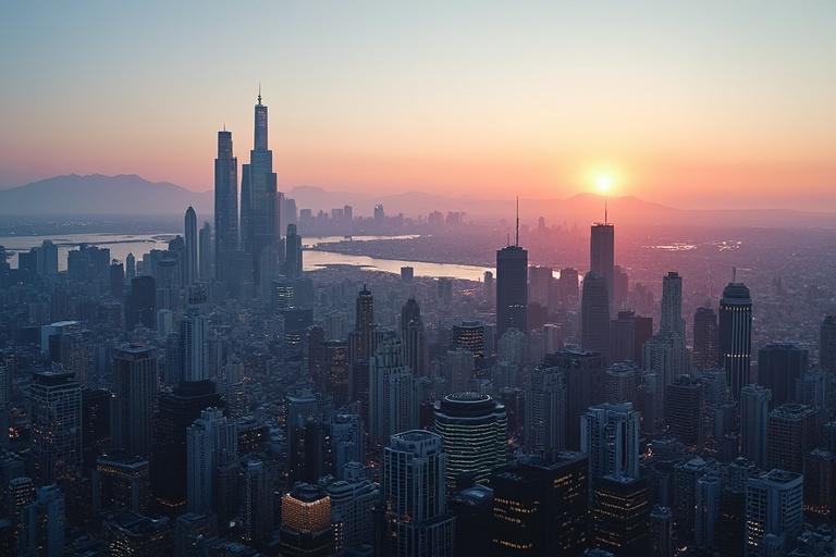 Odyssey of a fantastic city landscape at sunset. View from elevated perspective capturing a sprawling skyline and a warm glow in the sky. Details include reflection of the sun on the buildings and vastness of the city.