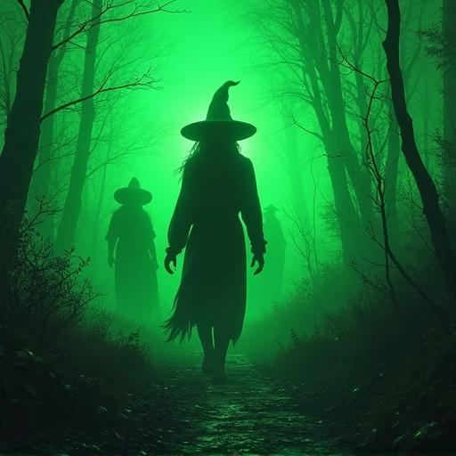 Witch figures are moving in a dark green forest. Fog surrounds a path. Silhouetted witches wear pointed hats. The scene is eerie and has a mysterious glow.