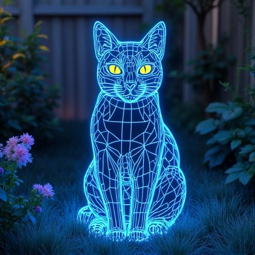 Wireframe cat sitting in a garden. Neon blue color. Glowing illustration. Modern art style.