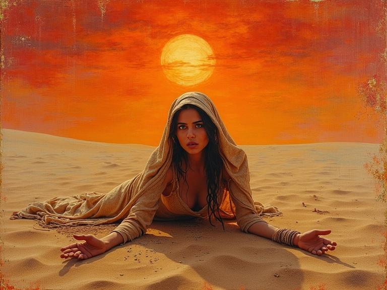 Full portrait of an Arabian woman lying in desert sands. Woman looks desperate and beautiful. Orange fiery sky with red drained sun above. Sandy texture with ultra details.