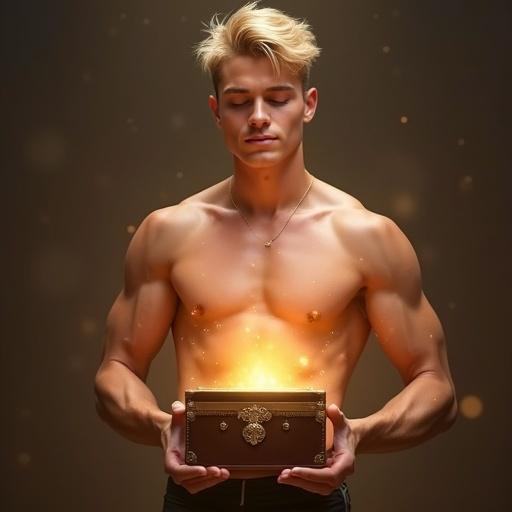 A boyish young man with blonde hair opens a chest. The chest has a magical glow. The young man has a slim, smooth body and is wearing a minimal outfit. The overall image is photorealistic and portrays a whimsical theme.