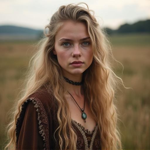 A beautiful highlander woman with long flowing blonde hair stands in a grassy field. The woman wears a richly detailed garment. The landscape features rolling hills and soft natural light. The overall feel is serene and enchanting.