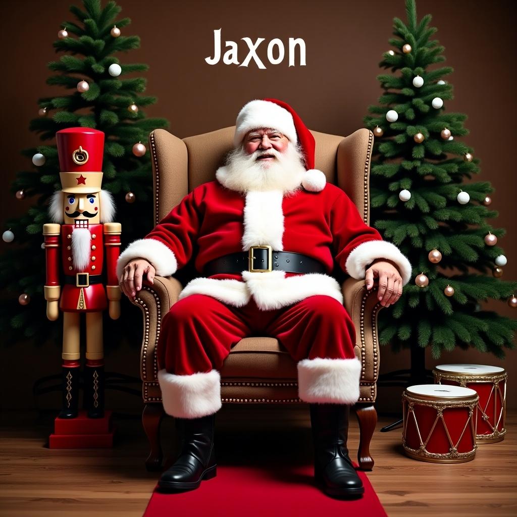 Santa Claus seated in a regal chair. Traditional red suit and white beard displayed. Jolly expression visible. Beside him is a nutcracker soldier. Plush Christmas trees in the background. Red carpet on the floor leading to Santa. Traditional drums sit nearby. Warm and inviting holiday setting. Name 'Jaxon' floating above Santa.