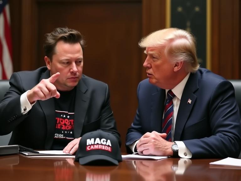 Musk wears a Tech Support shirt. A MAGA hat rests on the table. A shattered coffee cup lies on the floor. Both have tense facial expressions. Donald Trump points angrily at Elon Musk during a cabinet meeting.