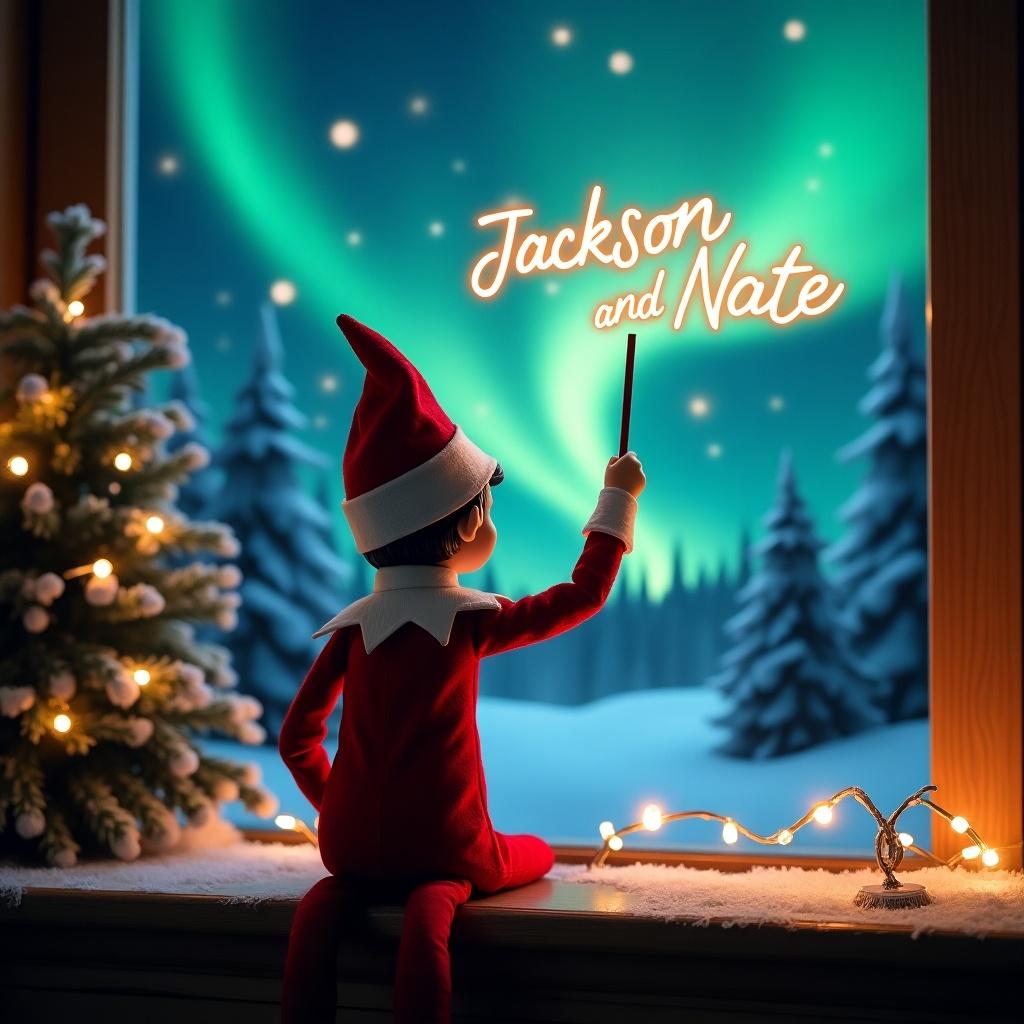 Enchanting Christmas scene features an elf on the shelf. The elf, dressed in red and white, holds a wand writing 'Jackson and Nate' in glowing script. The backdrop includes vibrant northern lights. The scene evokes festive spirit with a whimsical atmosphere. Elf's position creates sense of wonder.