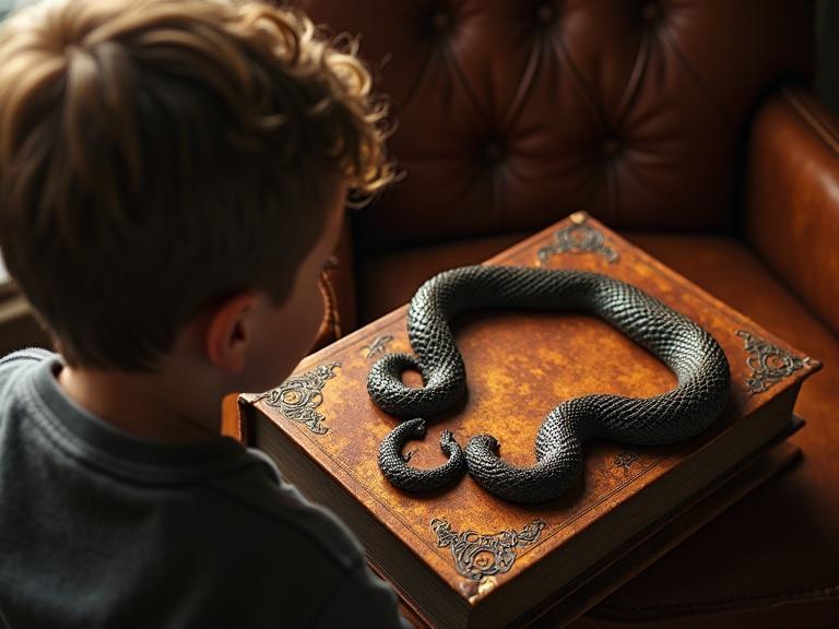 Boy gazing in awe at a mysterious book. Book lies on a leather armchair. Copper-colored cover shimmers under warm light. Two serpents bite each other's tails forming an oval on the cover.