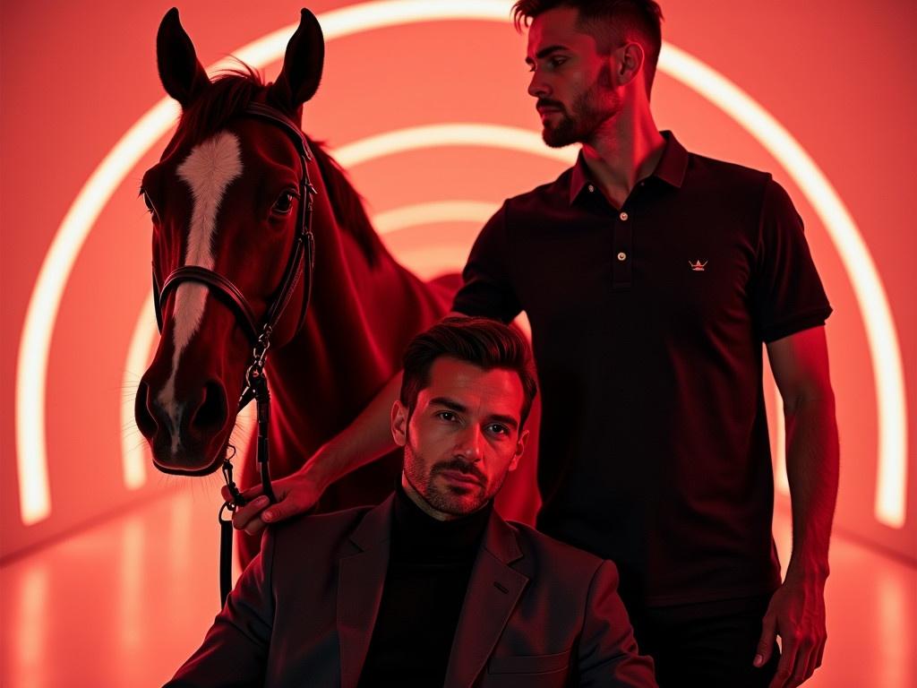 The image features two men and a horse in a stylized setting. One man is seated and holding the bridle of the horse, while the other man stands slightly behind him. They are both dressed in sleek, modern clothing. The seated man wears a jacket over a dark turtleneck, while the standing man sports a short-sleeved black polo shirt. The background is minimalistic with glowing red lines that create a futuristic ambiance.