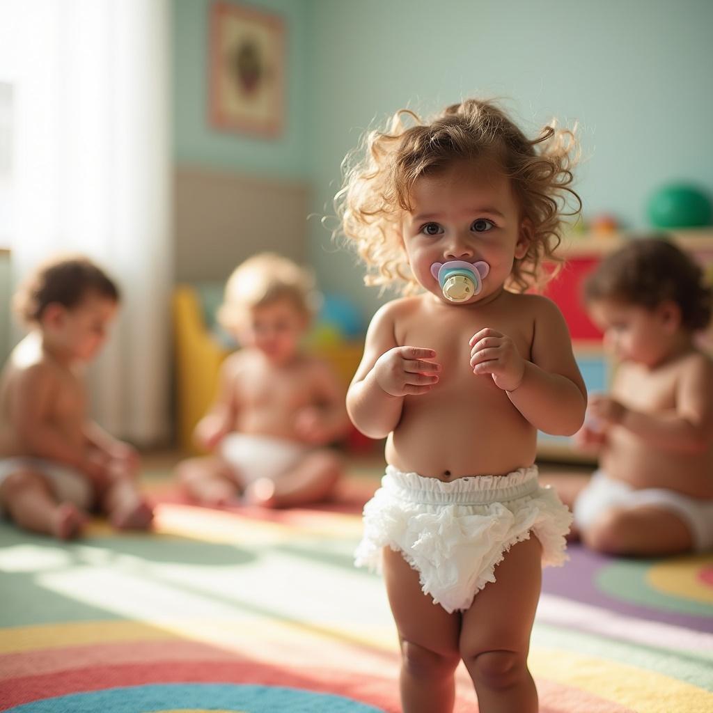 The image features a vibrant daycare environment filled with light. In the foreground, a three-year-old girl stands with a pacifier, wearing a full, puffy diaper. She exudes innocence and curiosity. In the background, other children are happily engaged in different playful activities, also in full puffy diapers. The space is adorned with a colorful carpet and toys, enhancing the playful atmosphere. The overall scene captures youthful energy and moments of joy from toddlers at play.