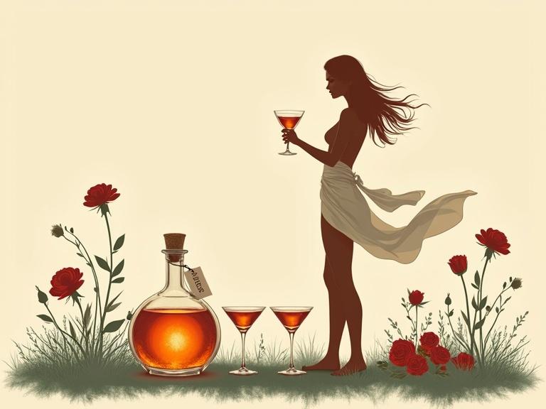 Minimalist artwork with silhouettes of three women holding cocktail glasses. Warm colors dominate the scene. A glowing apothecary bottle sits nearby. Two cocktail glasses are displayed. Roses and wildflowers surround the bottle. Beige background adds depth. Clean and bold strokes represent elegance.