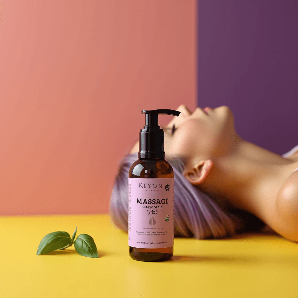 A bottle of massage oil stands on a vibrant surface beside a basil leaf, with a person lying in front of a pink and purple background.